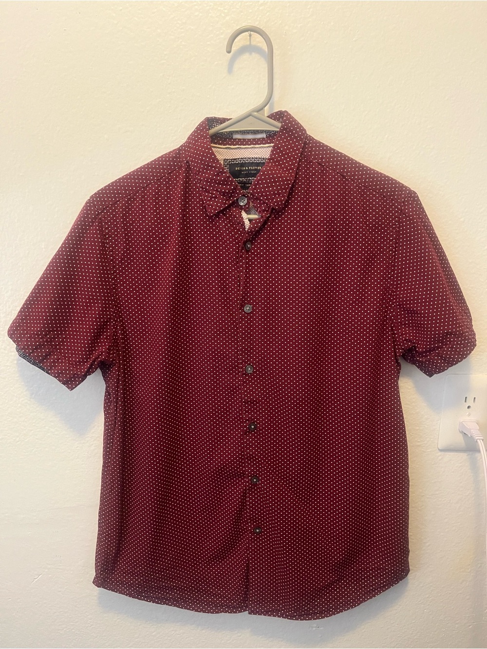 Denim & Flower Burgundy Short-Sleeve Button-Down with White Micro Dots